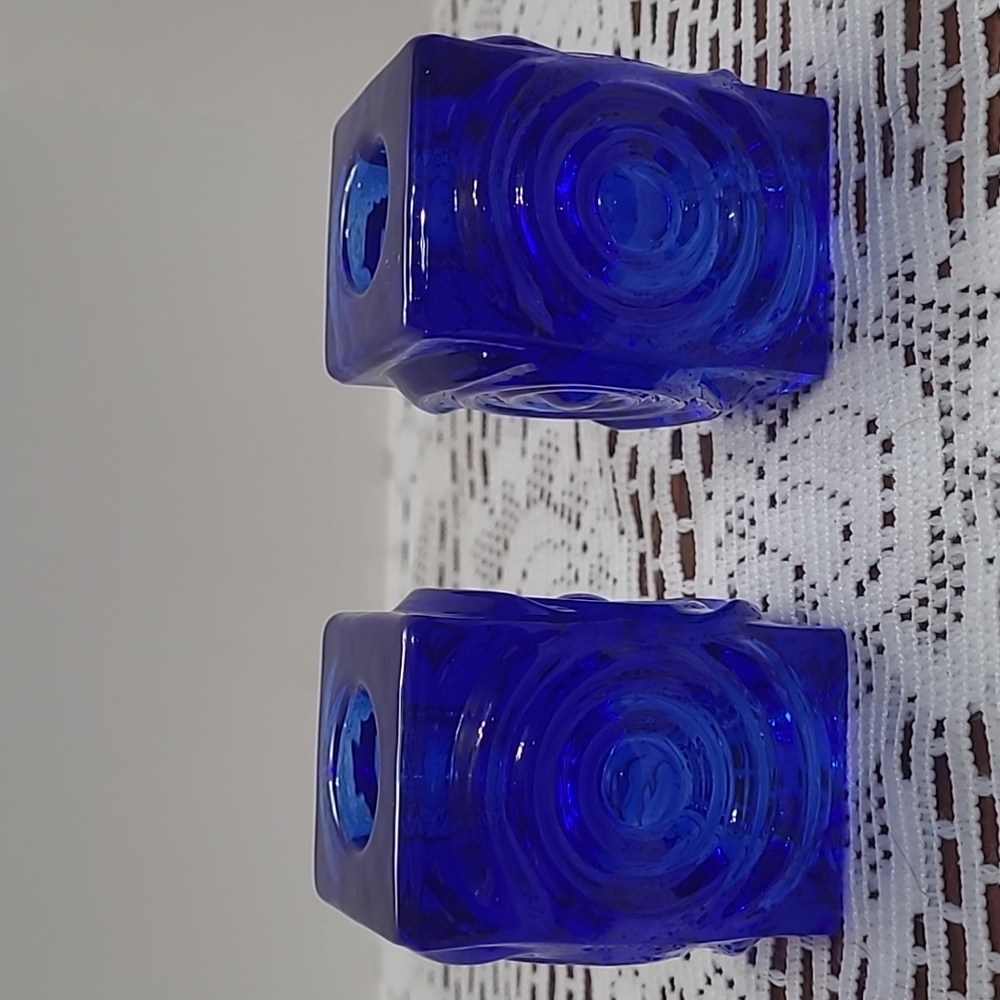 Riihimäki Rengas Reversible Candlesticks by Tamara Aladin Cobalt Blue Glass